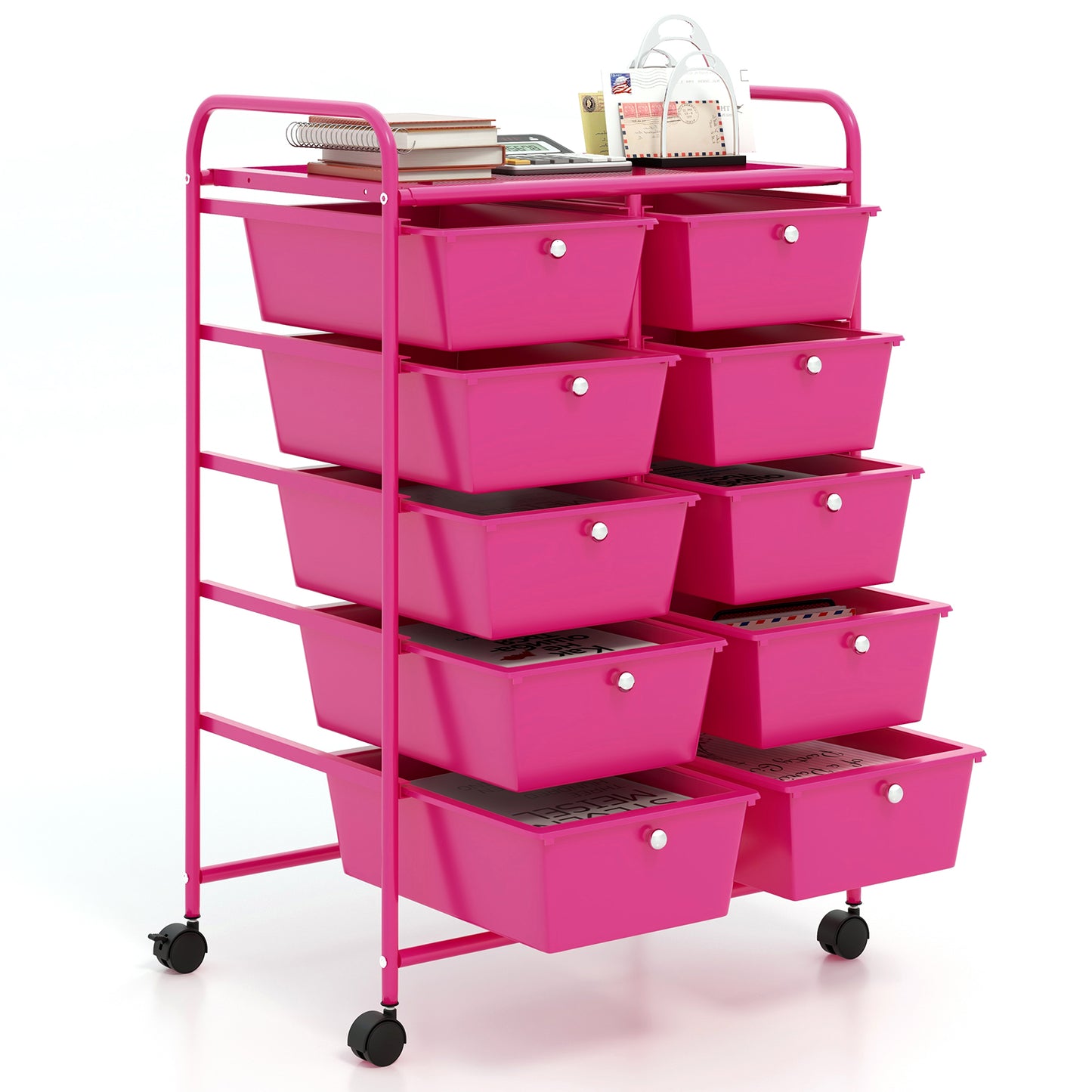 10-Drawer Rolling Storage Cart-Pink Kids Crystal