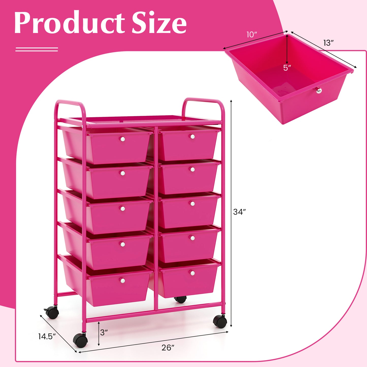 10-Drawer Rolling Storage Cart-Pink Kids Crystal