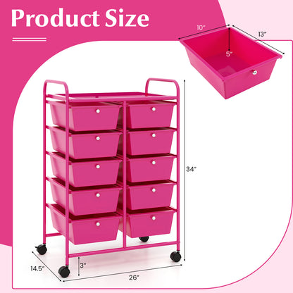 10-Drawer Rolling Storage Cart-Pink