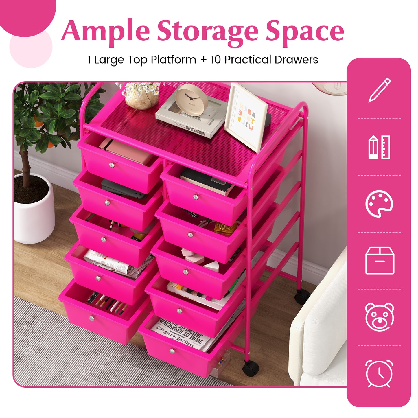 10-Drawer Rolling Storage Cart-Pink Kids Crystal