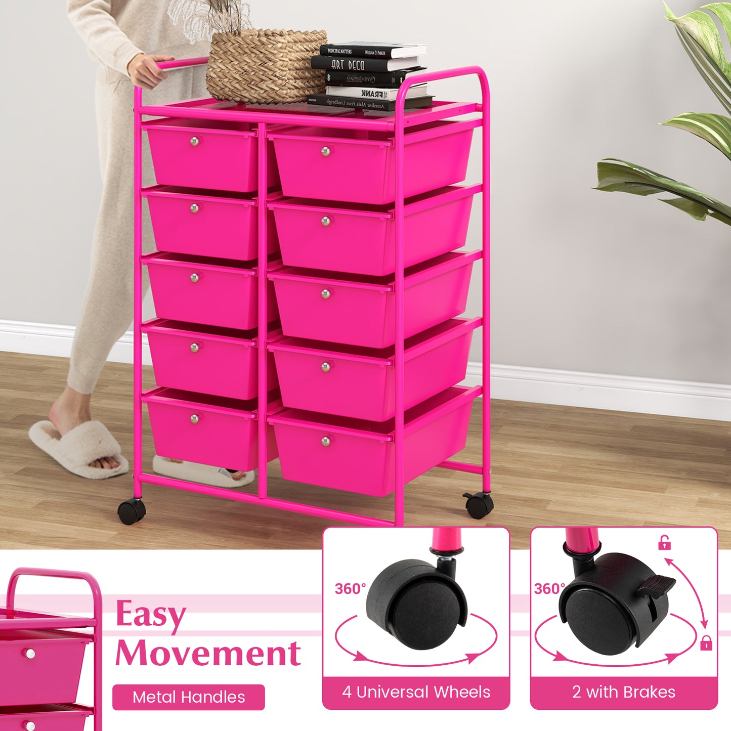 10-Drawer Rolling Storage Cart-Pink Kids Crystal