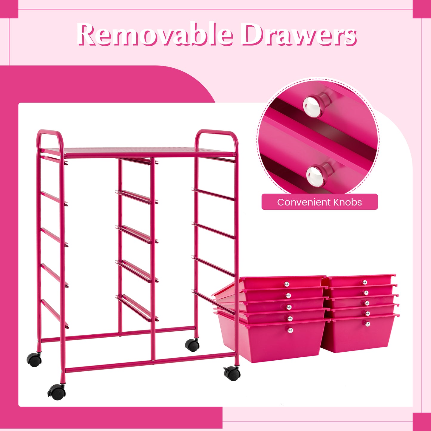 10-Drawer Rolling Storage Cart-Pink Kids Crystal
