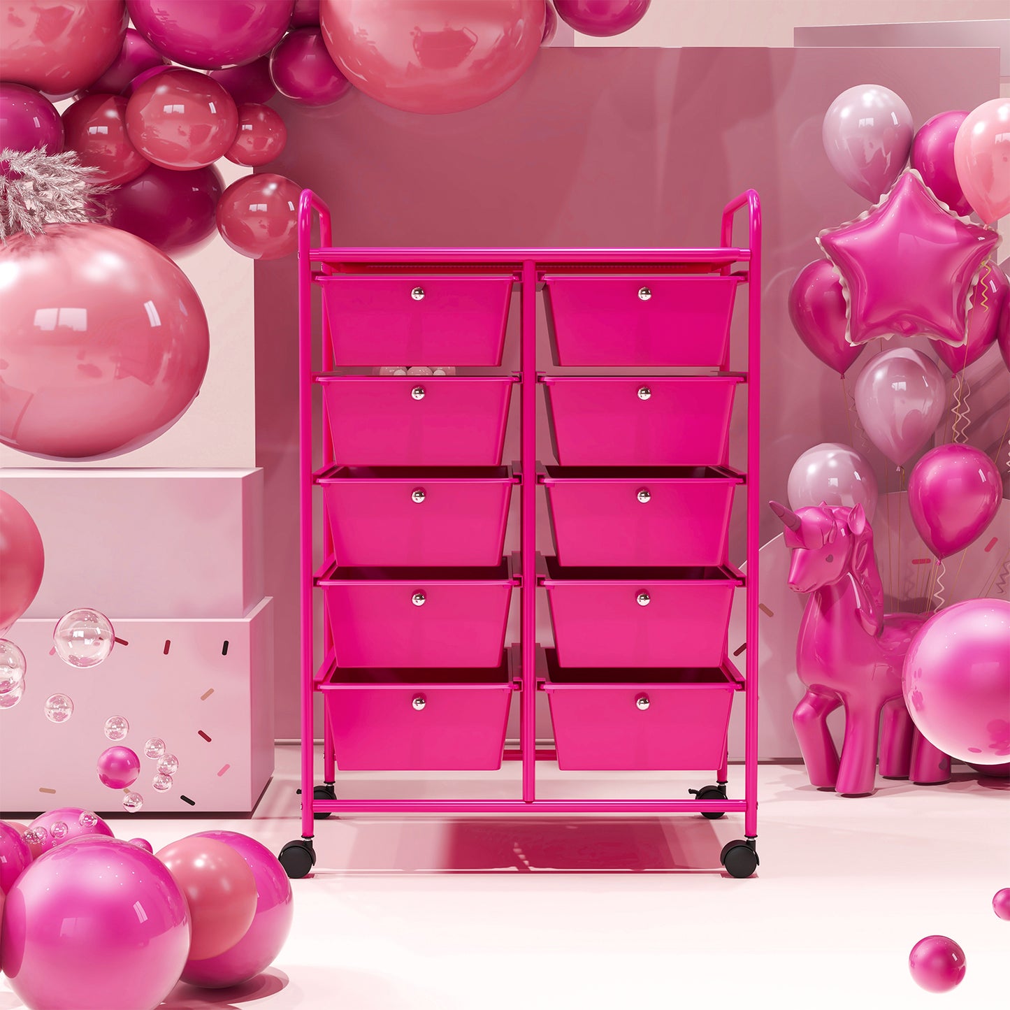 10-Drawer Rolling Storage Cart-Pink Kids Crystal