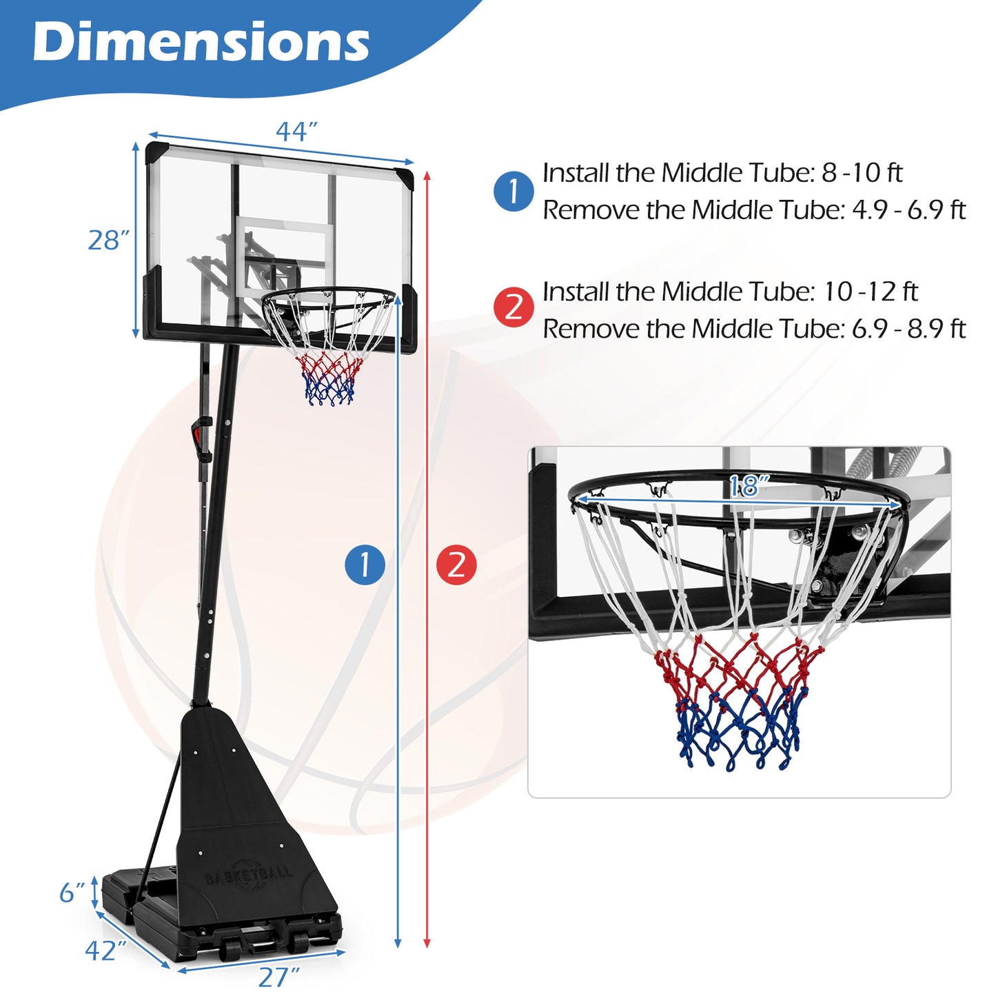 4.9-10 Feet Height Adjustable Portable Basketball Hoop Basketball Goal System Kids Crystal