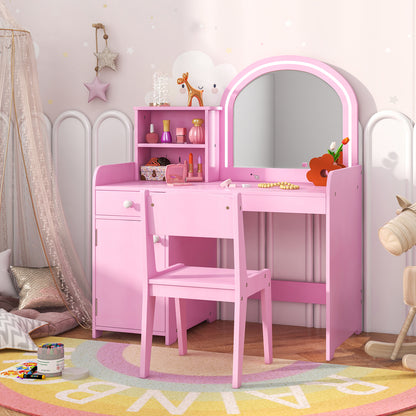 Kids Vanity Table and Chair Set with Shelves Drawer and Cabinet-Pink