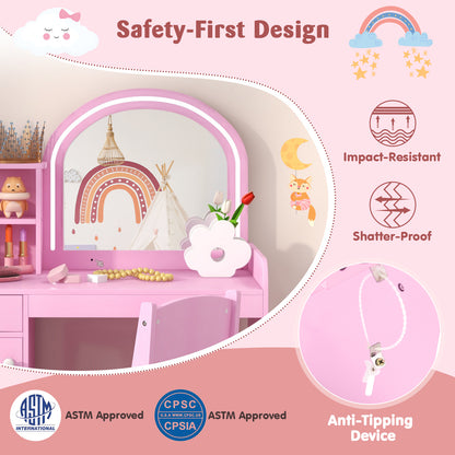 Kids Vanity Table and Chair Set with Shelves Drawer and Cabinet-Pink