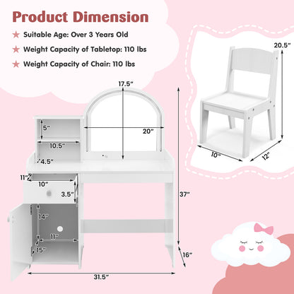 Kids Vanity Table and Chair Set with Shelves Drawer and Cabinet-White