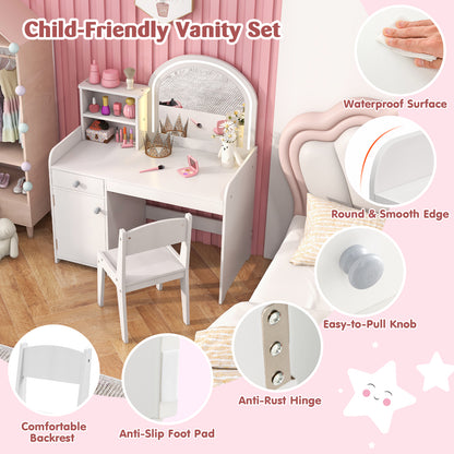 Kids Vanity Table and Chair Set with Shelves Drawer and Cabinet-White