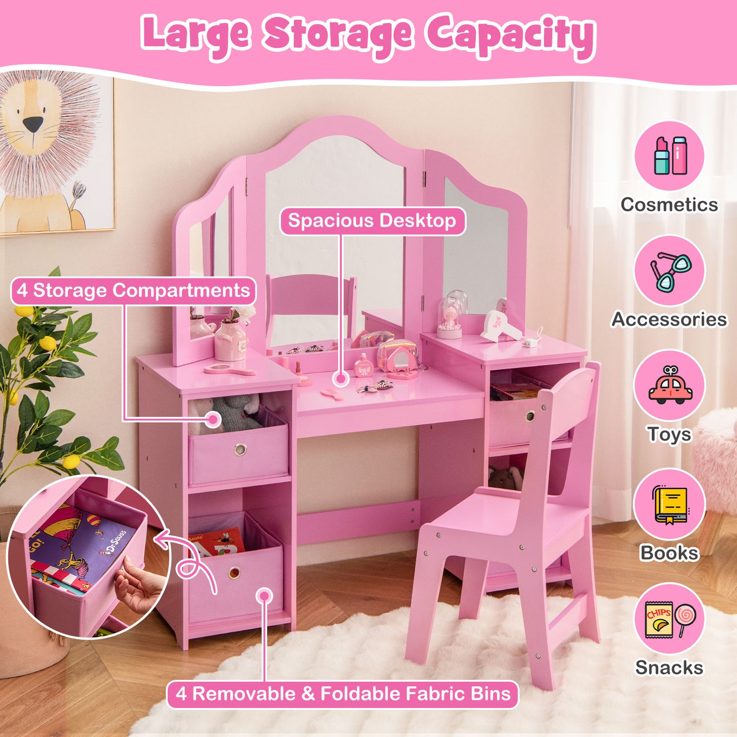 Kids Vanity Table and Chair Set with Removable Mirrors and 4 Storage Bins-Pink Kids Crystal