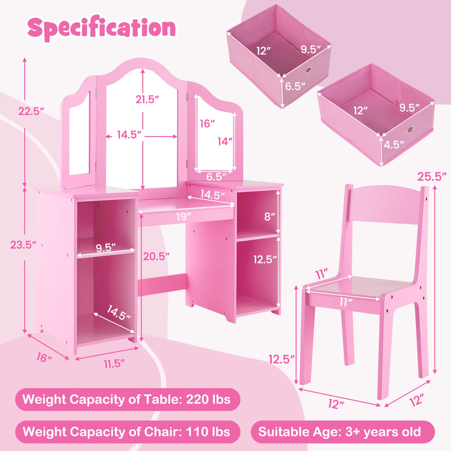 Kids Vanity Table and Chair Set with Removable Mirrors and 4 Storage Bins-Pink Kids Crystal