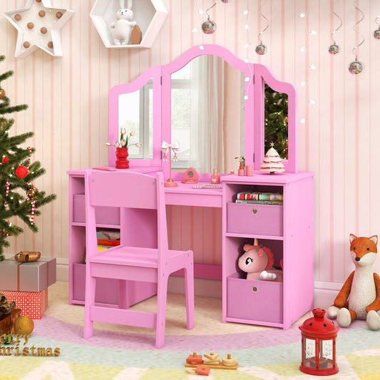 Kids Vanity Table and Chair Set with Removable Mirrors and 4 Storage Bins-Pink Kids Crystal