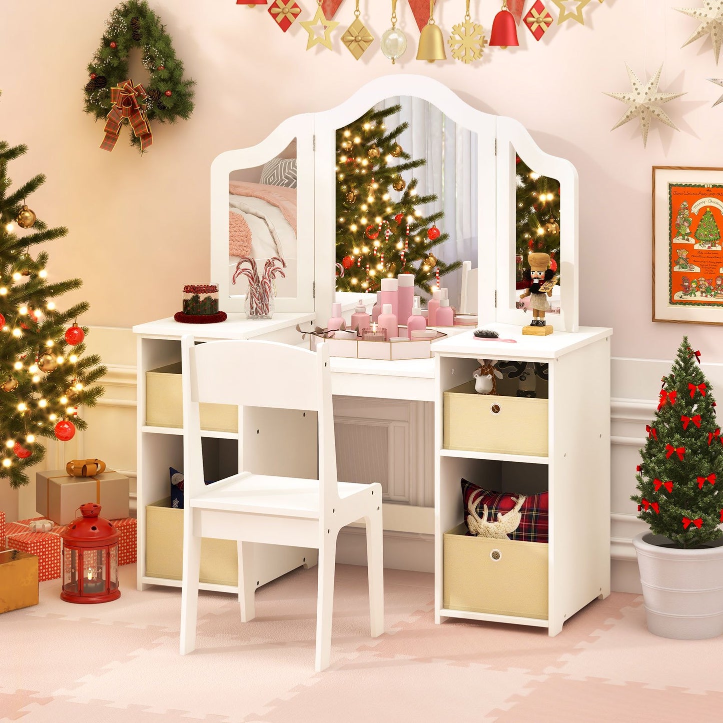Kids Vanity Table and Chair Set with Removable Mirrors and 4 Storage Bins-White Kids Crystal
