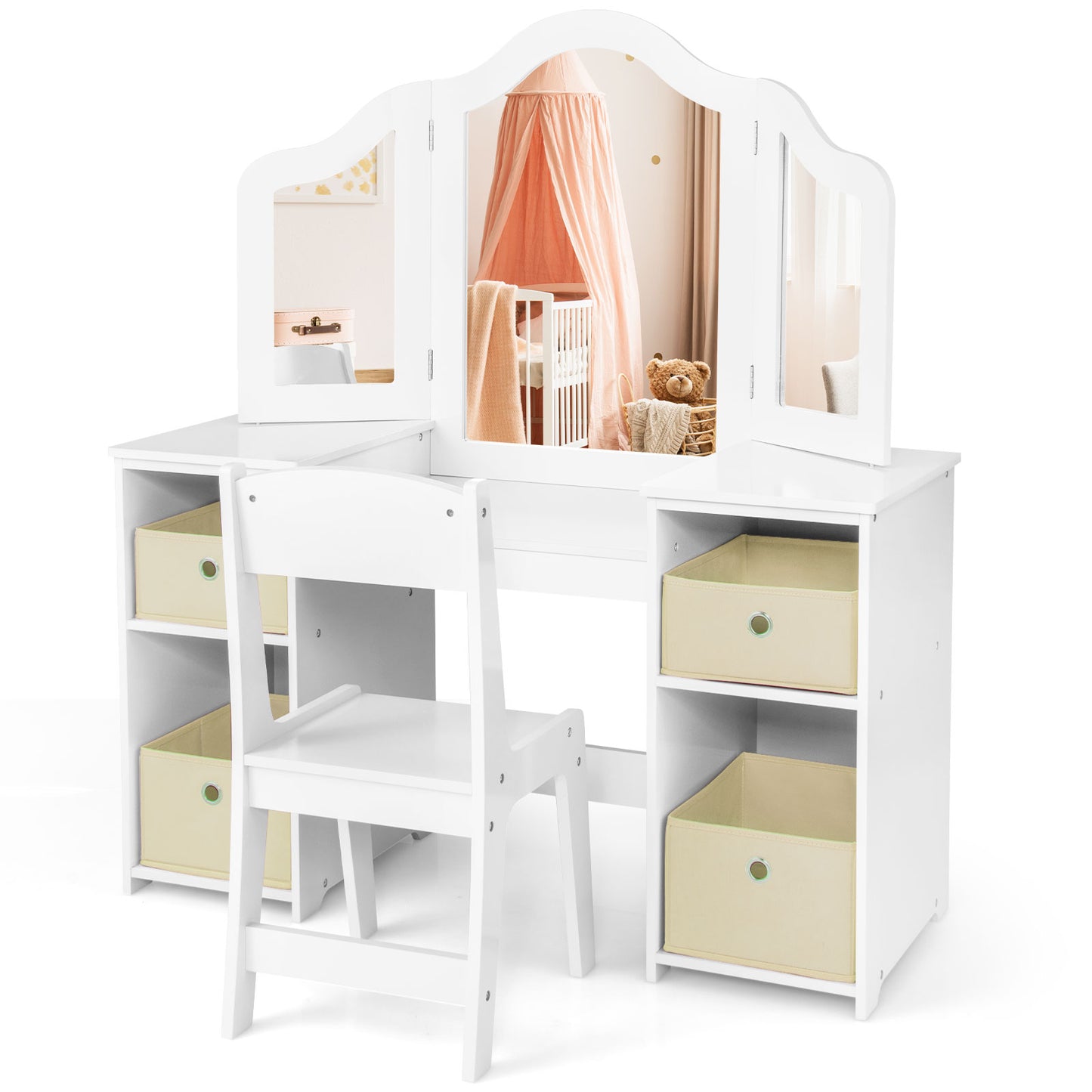 Kids Vanity Table and Chair Set with Removable Mirrors and 4 Storage Bins-White Kids Crystal
