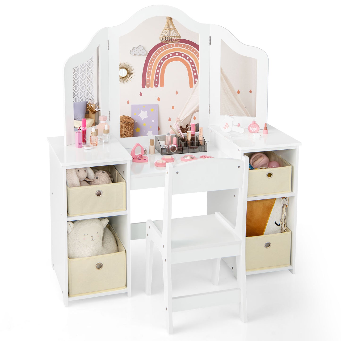 Kids Vanity Table and Chair Set with Removable Mirrors and 4 Storage Bins-White Kids Crystal