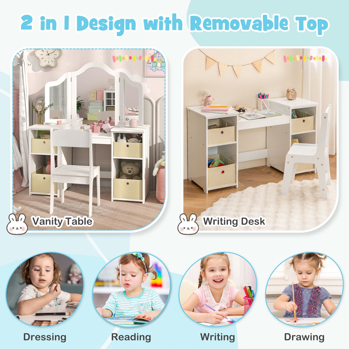 Kids Vanity Table and Chair Set with Removable Mirrors and 4 Storage Bins-White Kids Crystal
