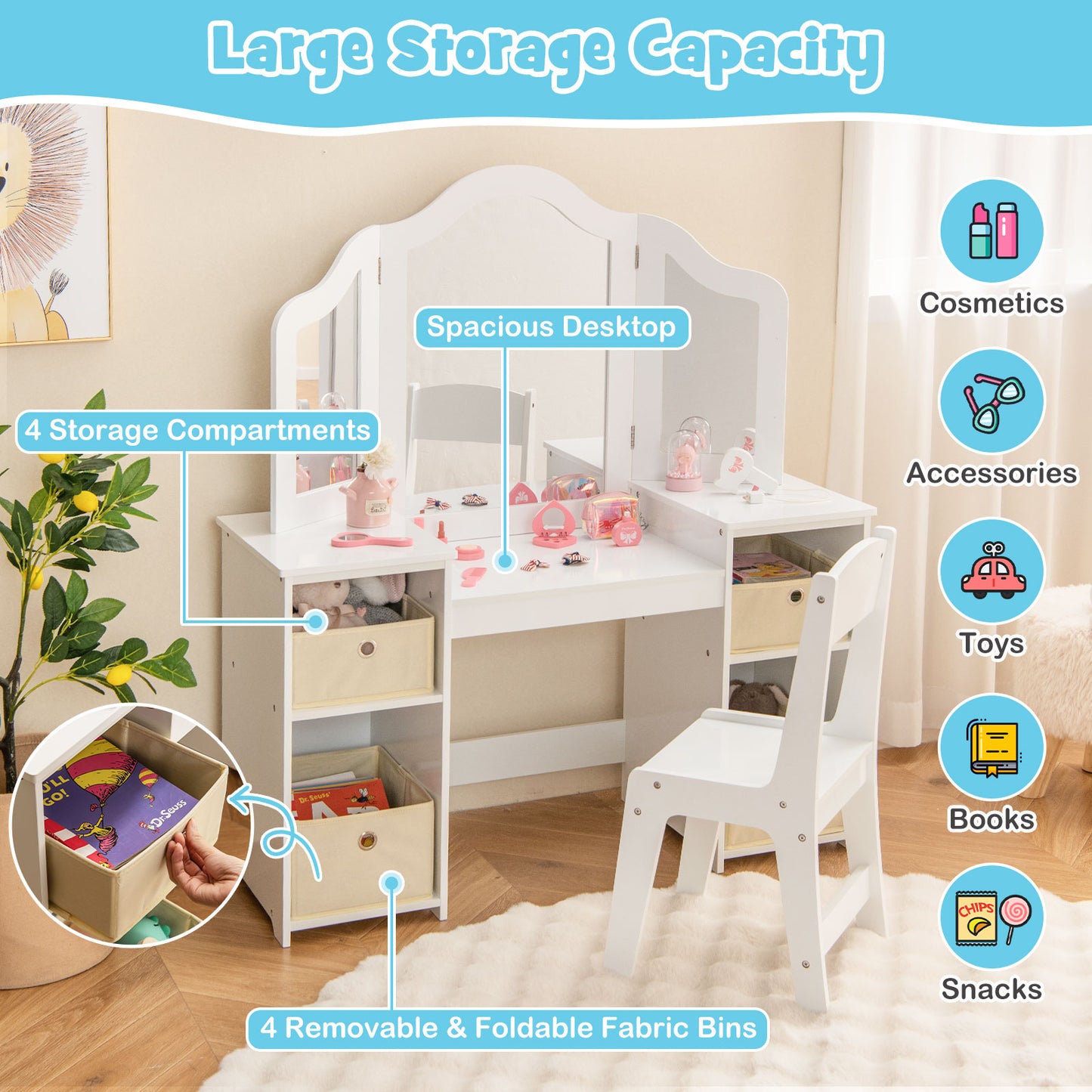 Kids Vanity Table and Chair Set with Removable Mirrors and 4 Storage Bins-White Kids Crystal