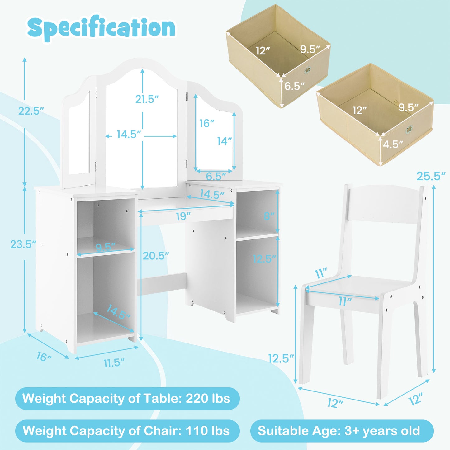 Kids Vanity Table and Chair Set with Removable Mirrors and 4 Storage Bins-White Kids Crystal
