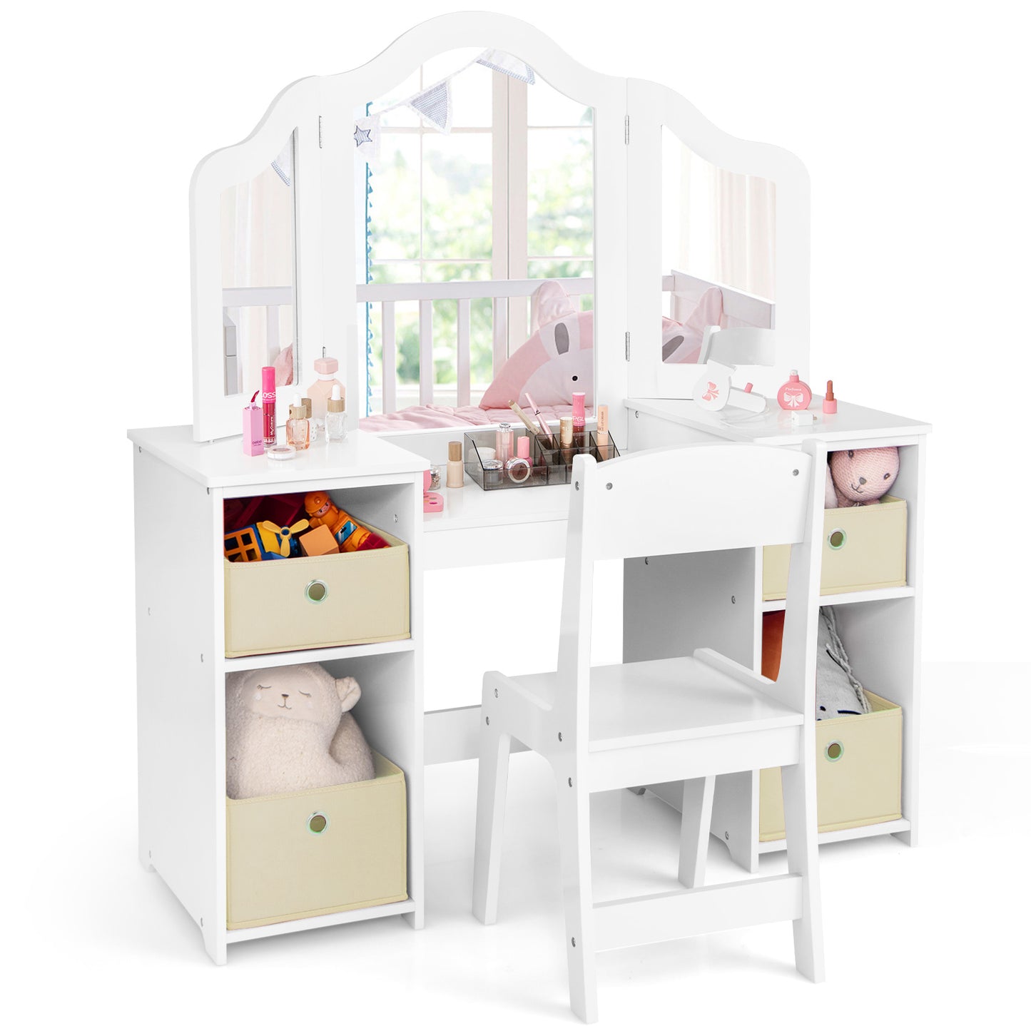 Kids Vanity Table and Chair Set with Removable Mirrors and 4 Storage Bins-White Kids Crystal