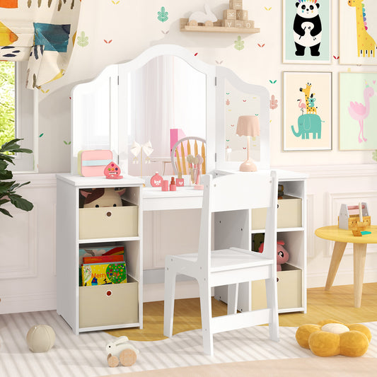 Kids Vanity Table and Chair Set with Removable Mirrors and 4 Storage Bins-White Kids Crystal