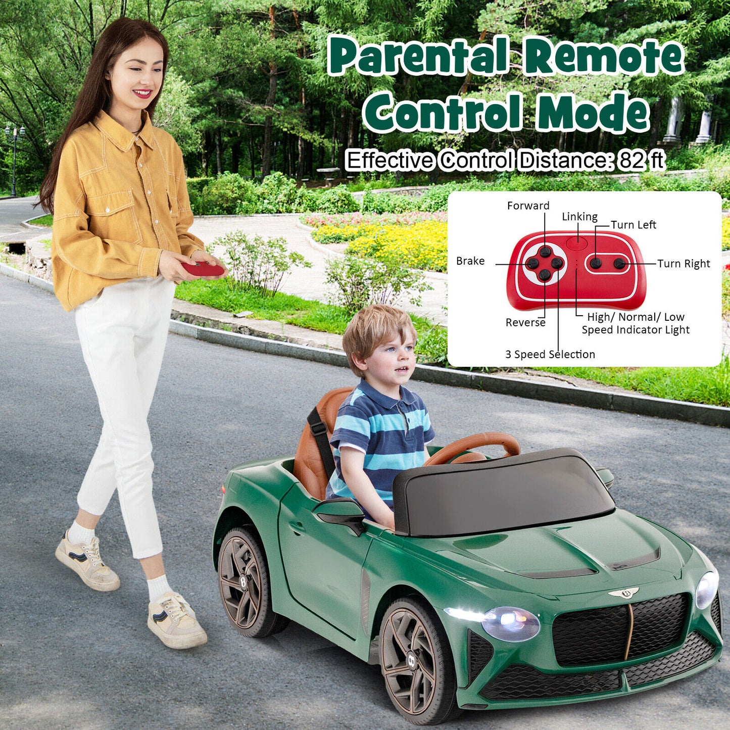 12V Powered Car Kids Ride-on Racer Car Licensed Bentley Bacalar-Green