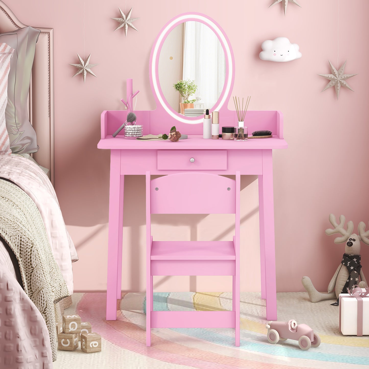 Kids Vanity Set with Lighted Mirror-Pink Kids Crystal