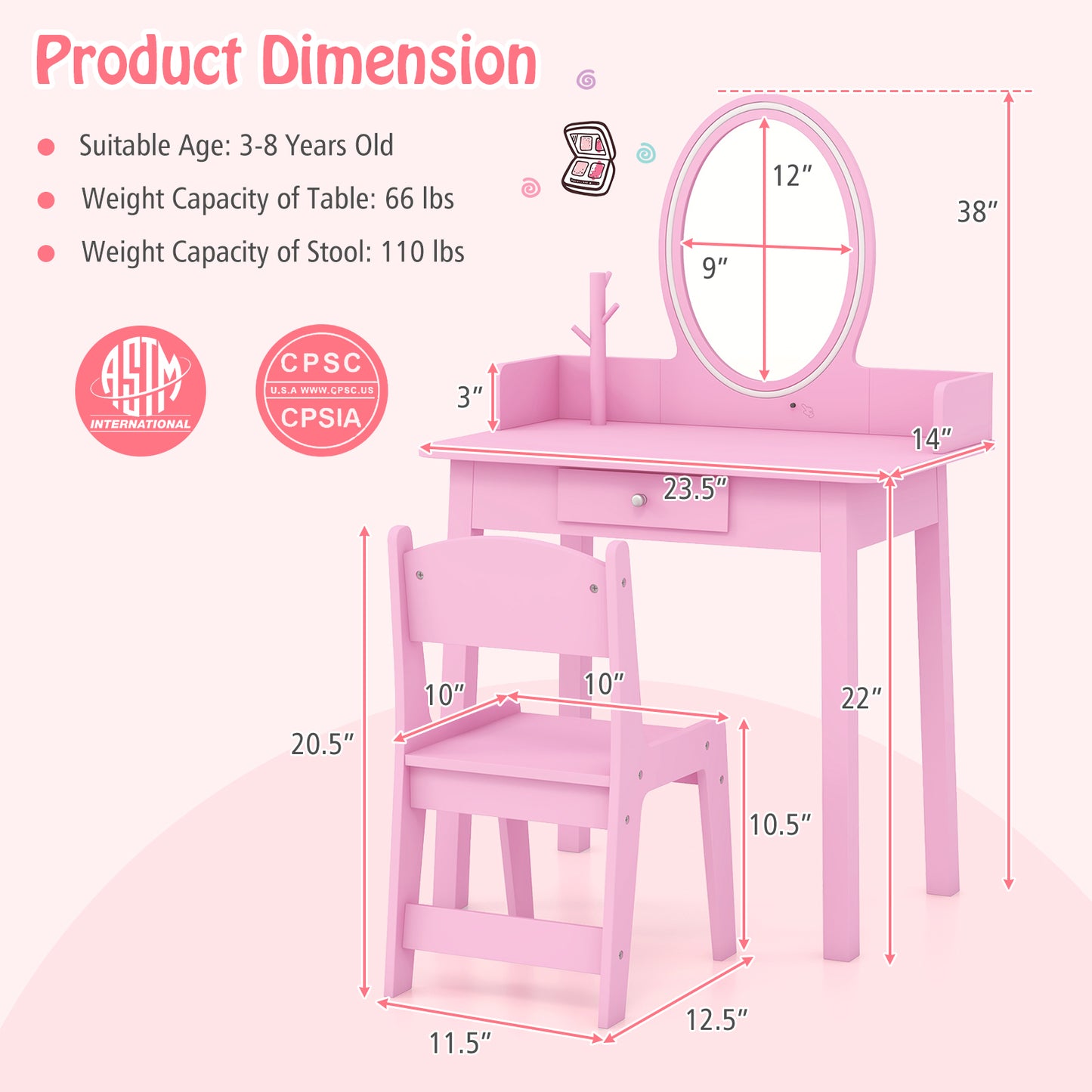 Kids Vanity Set with Lighted Mirror-Pink Kids Crystal