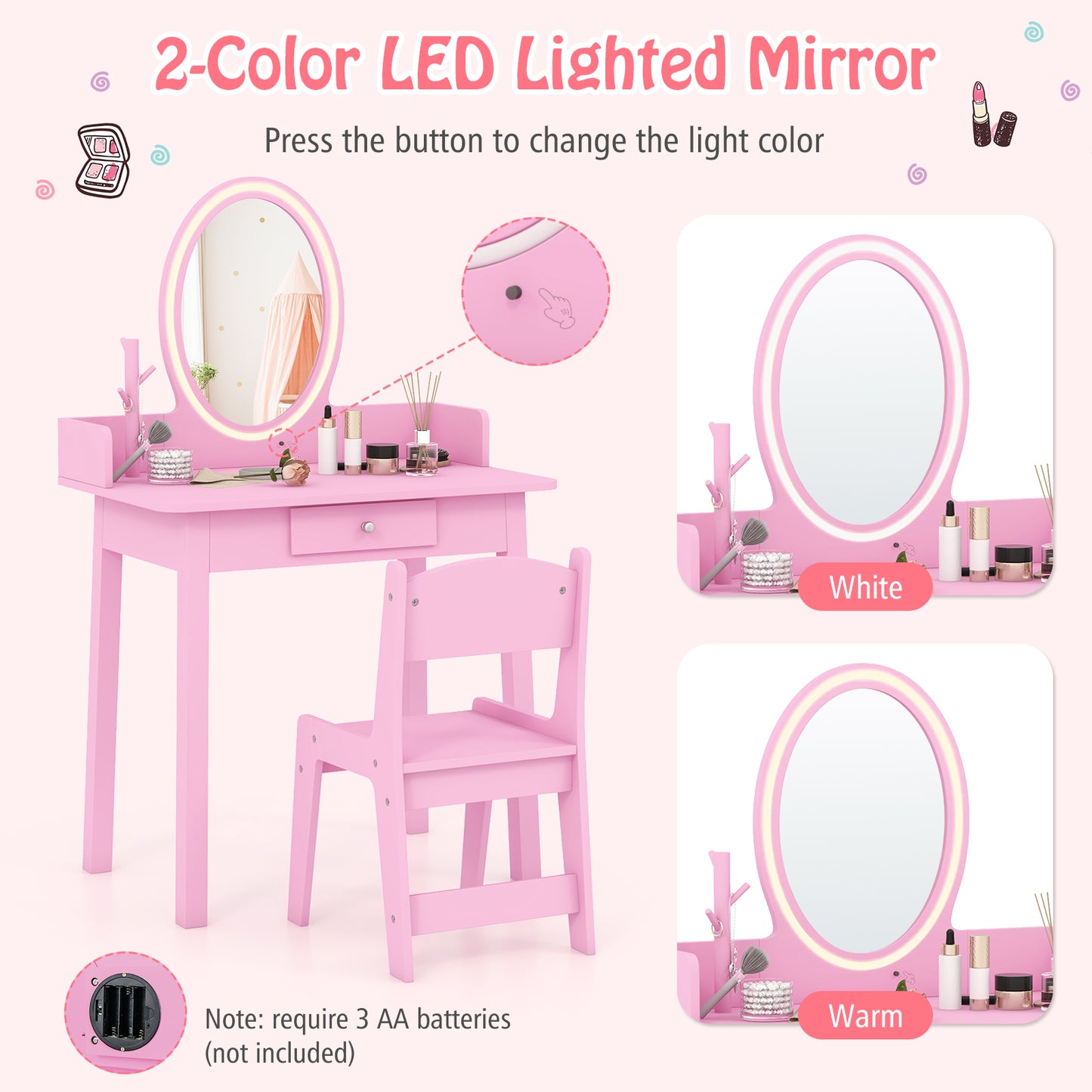 Kids Vanity Set with Lighted Mirror-Pink Kids Crystal