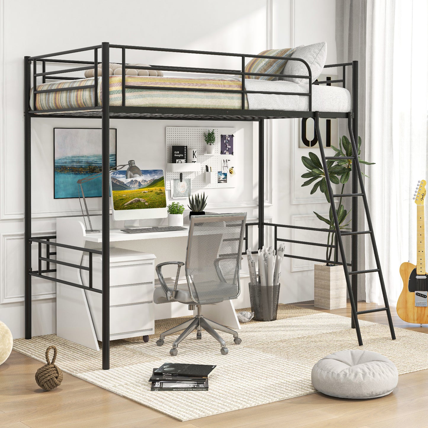 Twin Metal Loft Bed Frame with Ladder and Metal Slats Support-Black Kids Crystal