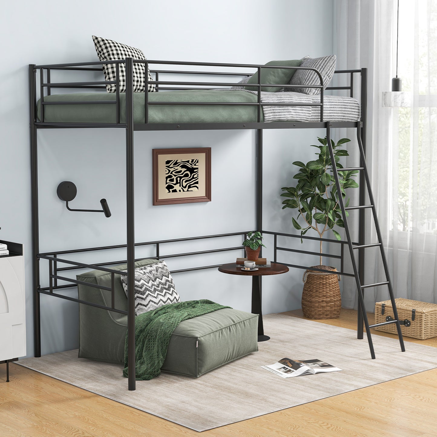 Twin Metal Loft Bed Frame with Ladder and Metal Slats Support-Black Kids Crystal