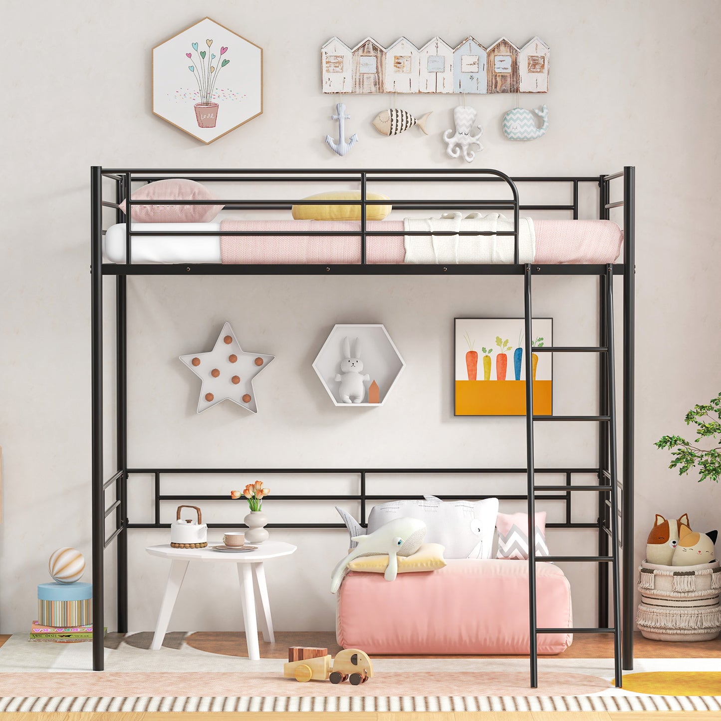 Twin Metal Loft Bed Frame with Ladder and Metal Slats Support-Black Kids Crystal