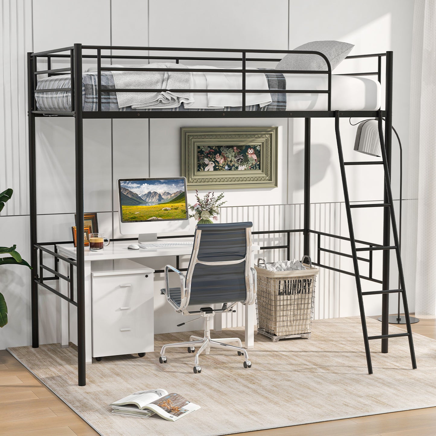 Twin Metal Loft Bed Frame with Ladder and Metal Slats Support-Black Kids Crystal