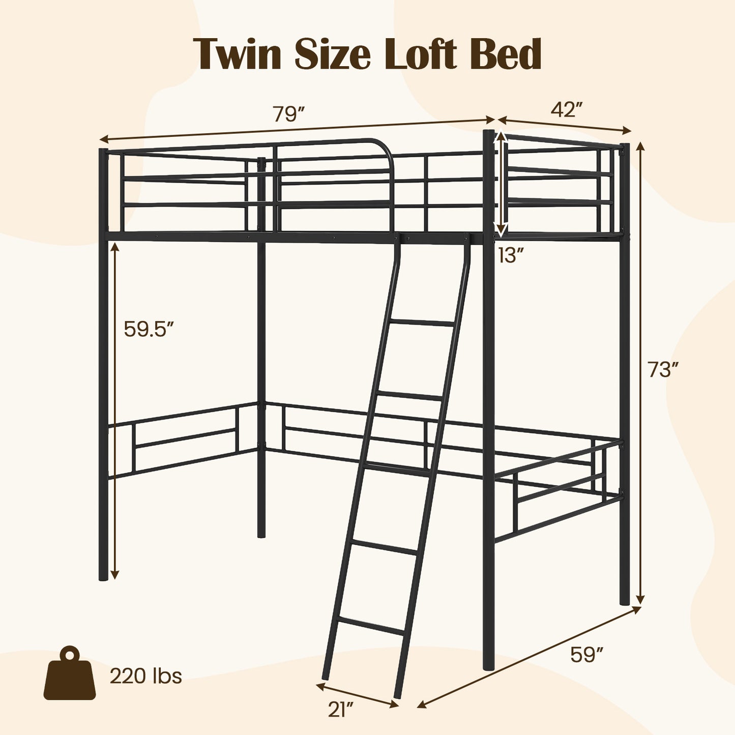 Twin Metal Loft Bed Frame with Ladder and Metal Slats Support-Black Kids Crystal