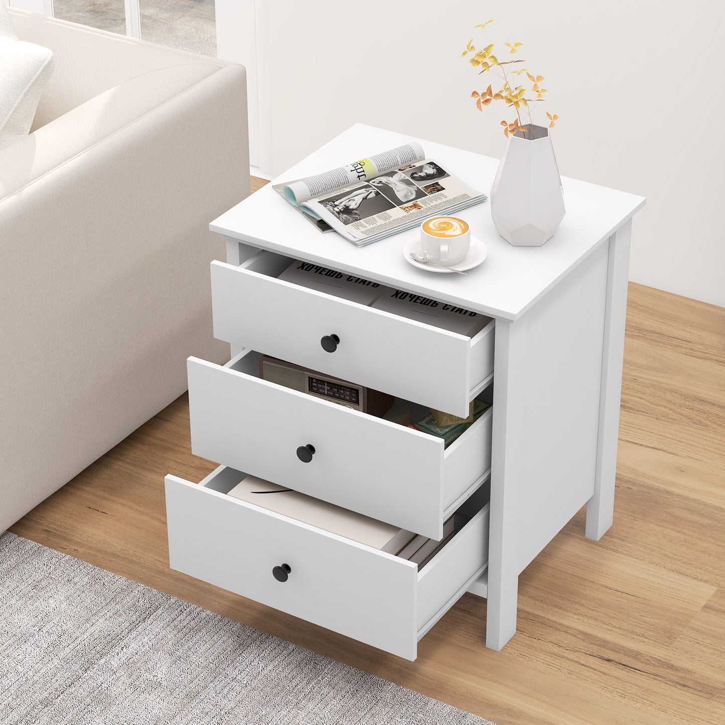 3-Drawer Wooden Nightstand Modern Bedside Table-White Kids Crystal