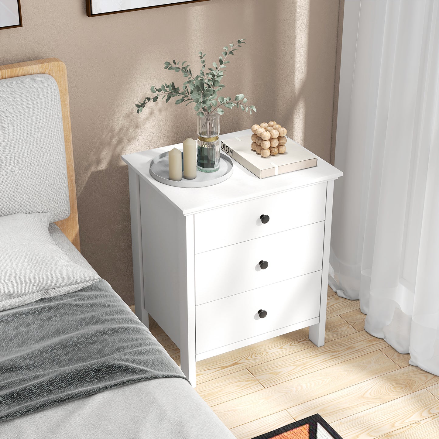 3-Drawer Wooden Nightstand Modern Bedside Table-White Kids Crystal