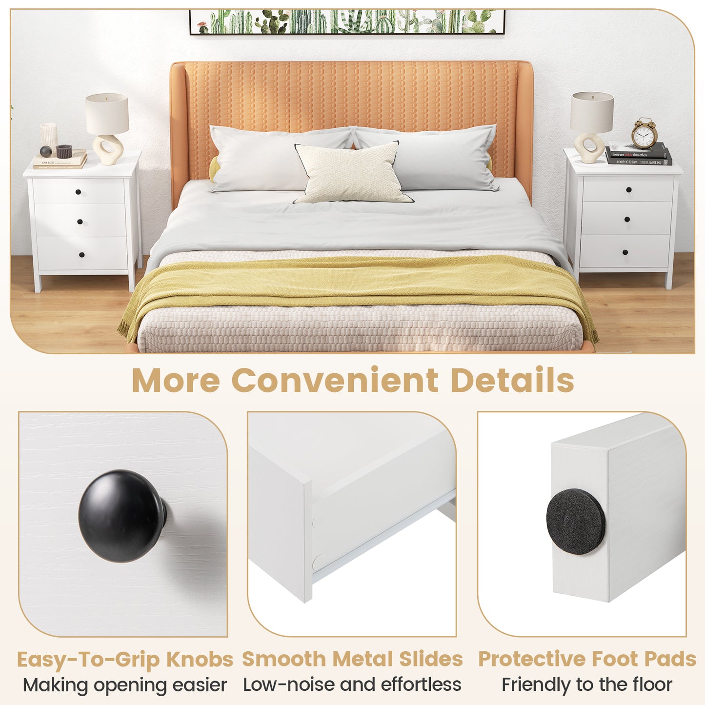 3-Drawer Wooden Nightstand Modern Bedside Table-White Kids Crystal