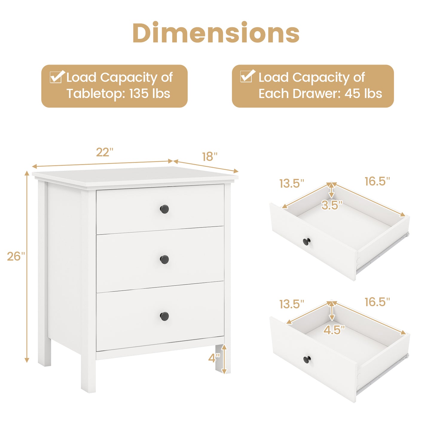 3-Drawer Wooden Nightstand Modern Bedside Table-White Kids Crystal