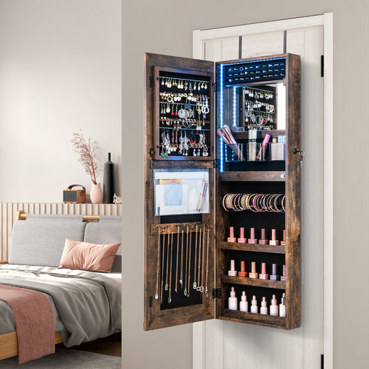 42.5 Inches Lockable Jewelry Mirror Wall Cabinet with 3-Color LED Lights-Rustic Brown Kids Crystal