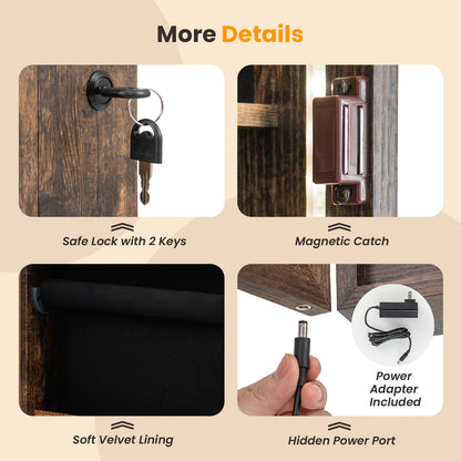 42.5 Inches Lockable Jewelry Mirror Wall Cabinet with 3-Color LED Lights-Rustic Brown