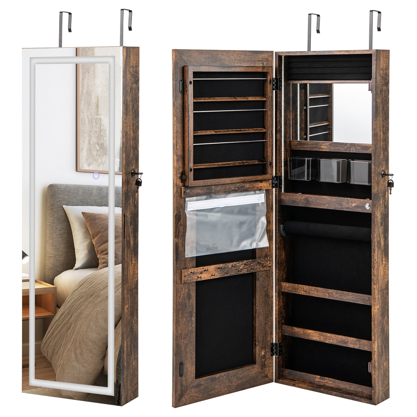 42.5 Inches Lockable Jewelry Mirror Wall Cabinet with 3-Color LED Lights-Rustic Brown Kids Crystal