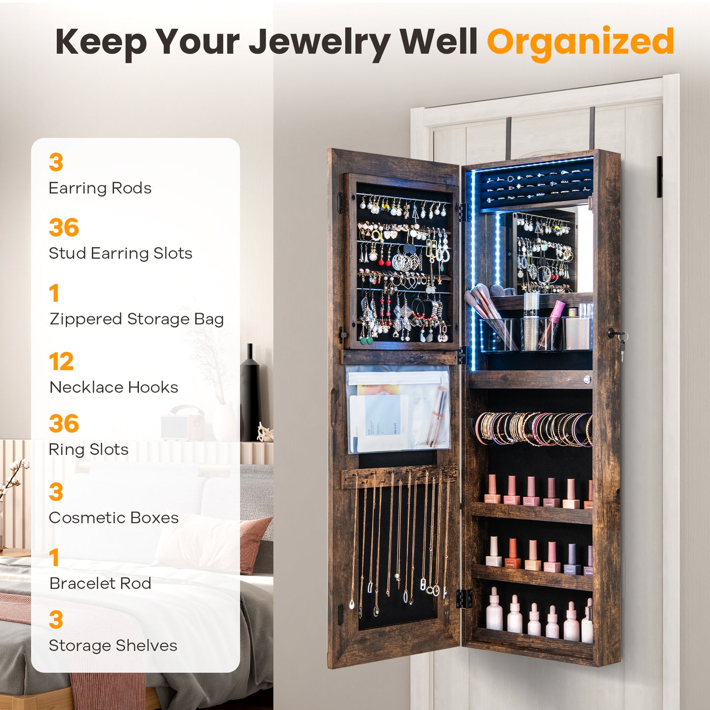 42.5 Inches Lockable Jewelry Mirror Wall Cabinet with 3-Color LED Lights-Rustic Brown Kids Crystal