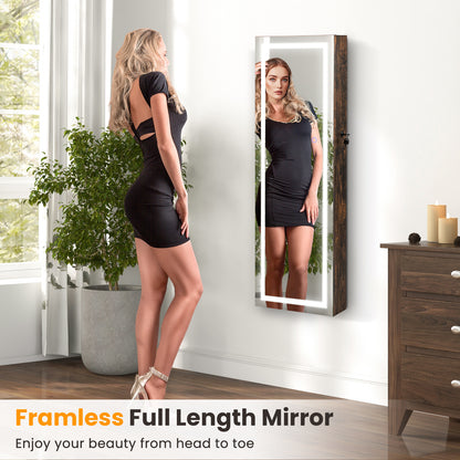 42.5 Inches Lockable Jewelry Mirror Wall Cabinet with 3-Color LED Lights-Rustic Brown