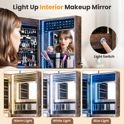 42.5 Inches Lockable Jewelry Mirror Wall Cabinet with 3-Color LED Lights-Rustic Brown