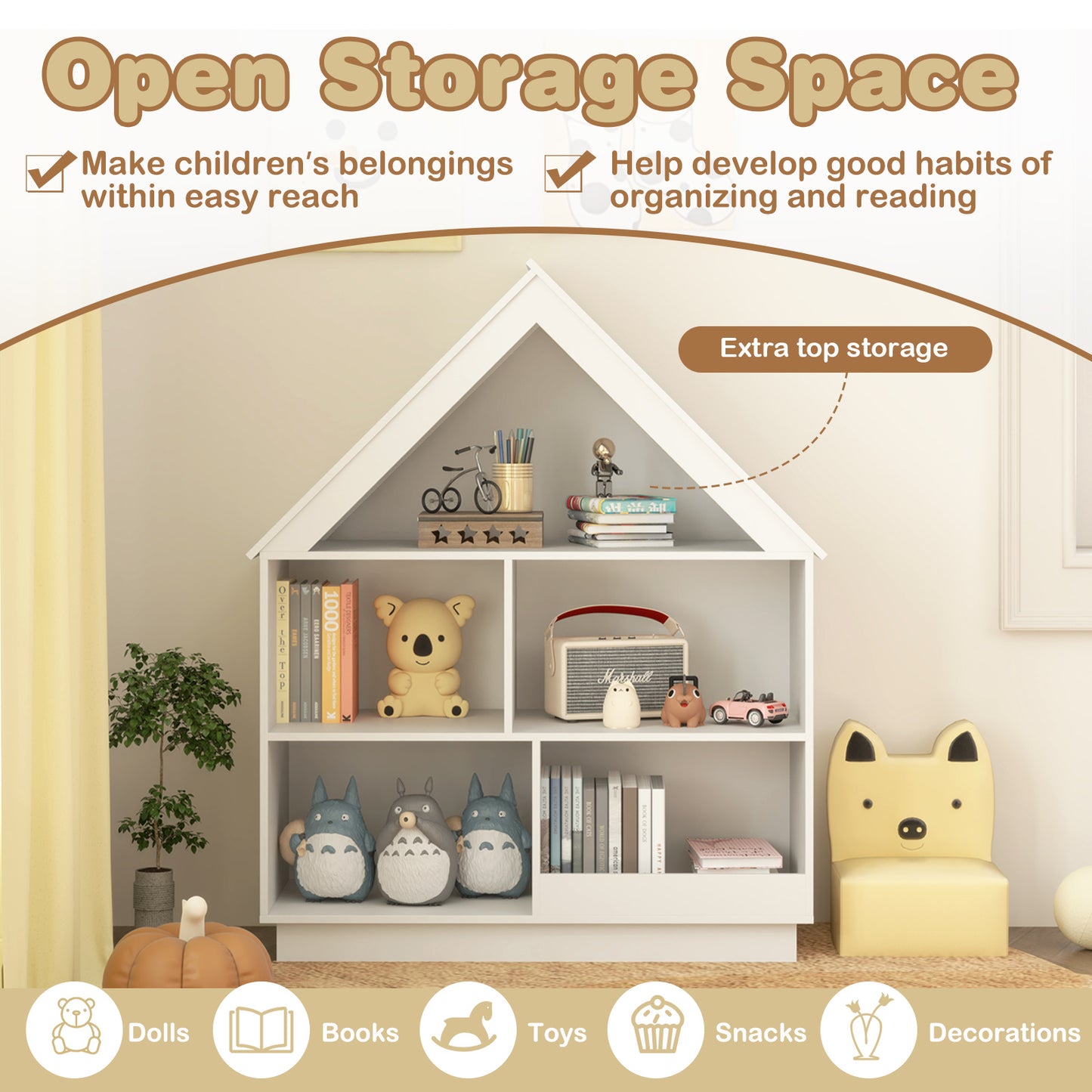 3-Tier House-Shaped Toy Storage Organizer with Open Shelves-White Kids Crystal