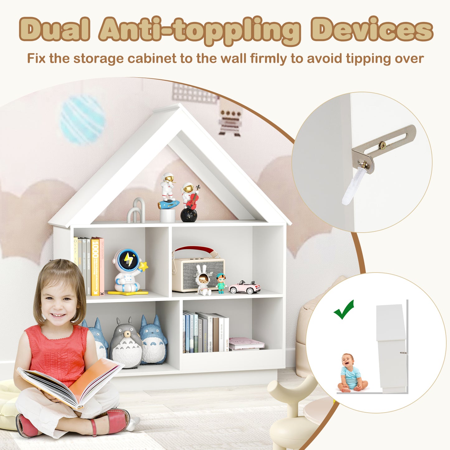 3-Tier House-Shaped Toy Storage Organizer with Open Shelves-White Kids Crystal