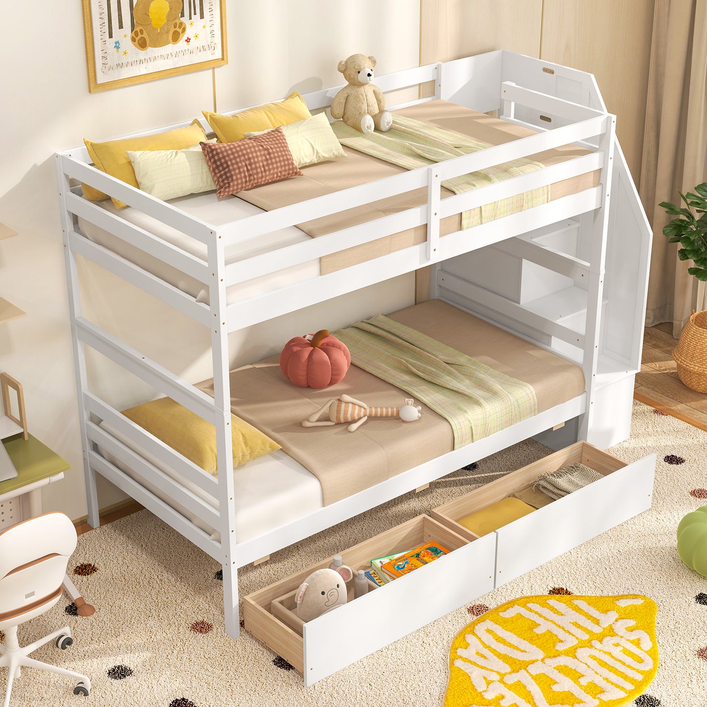 Twin Over Twin Bunk Bed with Storage Stairs and Drawers-White Kids Crystal