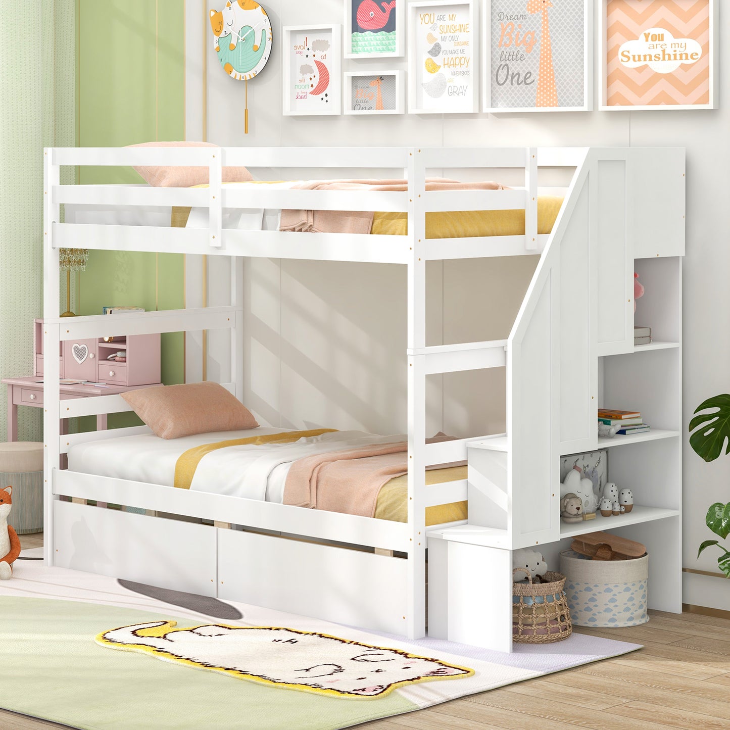 Twin Over Twin Bunk Bed with Storage Stairs and Drawers-White Kids Crystal