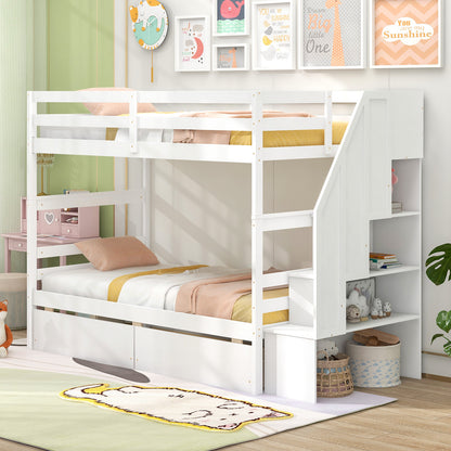 Twin Over Twin Bunk Bed with Storage Stairs and Drawers-White