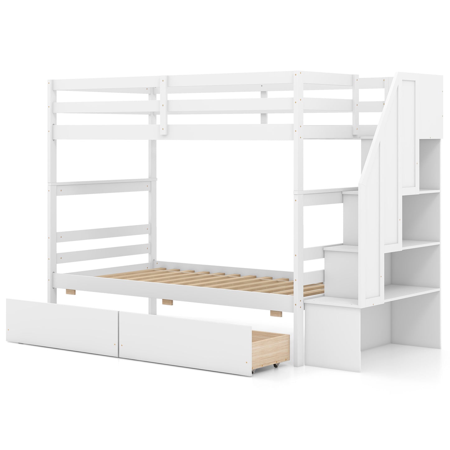 Twin Over Twin Bunk Bed with Storage Stairs and Drawers-White Kids Crystal