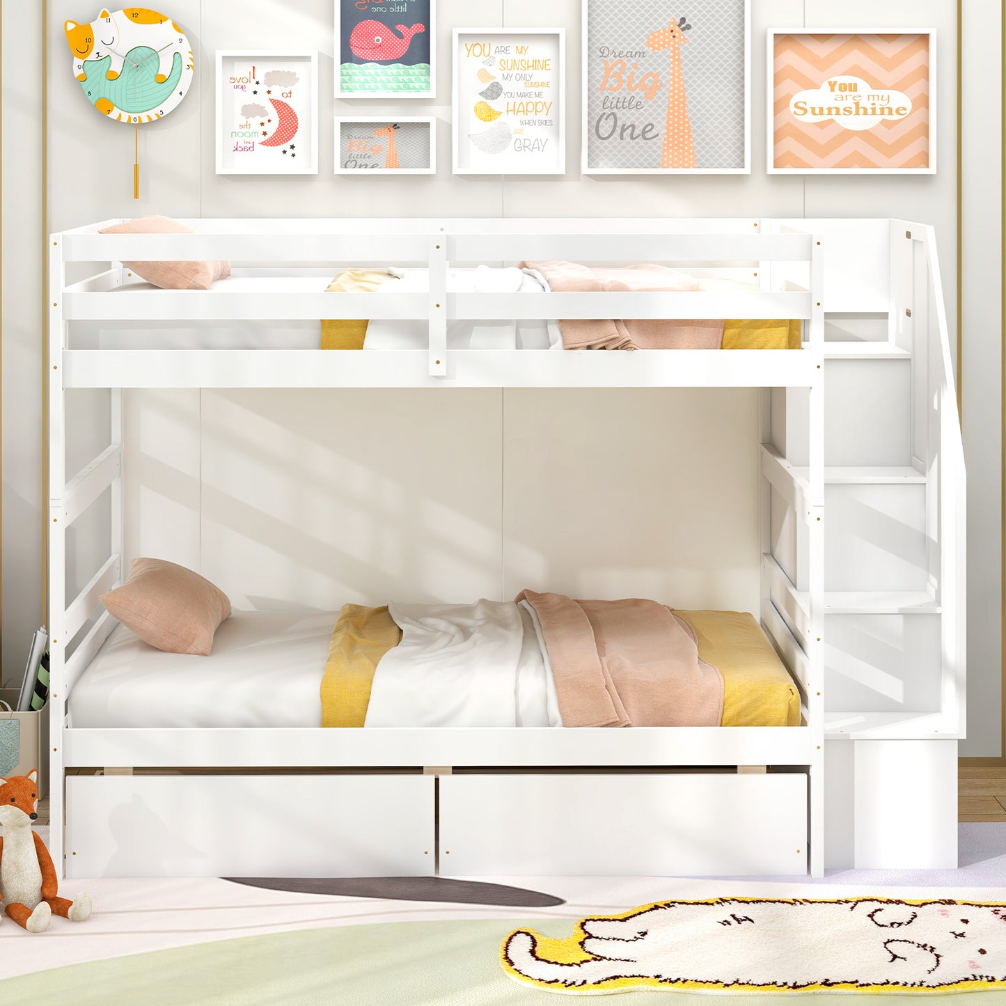 Twin Over Twin Bunk Bed with Storage Stairs and Drawers-White Kids Crystal