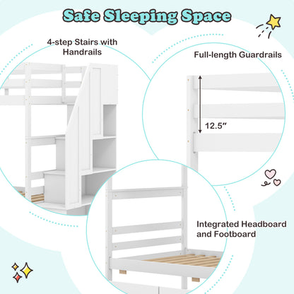 Twin Over Twin Bunk Bed with Storage Stairs and Drawers-White